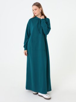 Kanguru Cepli Kapüşonlu Koyu Zümrüt Yeşili Elbise