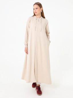 Kapüşon Detaylı Fermuarlı Spor Kap / Tas Rengi Pardesü