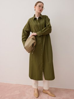 Poplin Kumaşlı Uzun Basic Haki Gömlek