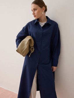 Poplin Kumaşlı Uzun Basic Lacivert Gömlek