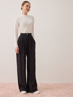 Yüksek Bel Pile Detaylı Bol Paça Siyah Pantolon