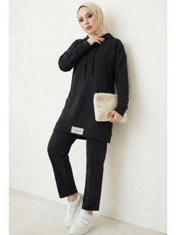 Çift Cepli Kapüşonlu İkili Siyah Takım