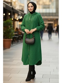 Çizgi Detay Kapüşonlu Kaşe Yeşil Kap