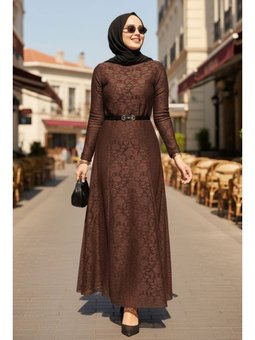 Dantel İçi Astarlı Kemerli Kahve Elbise