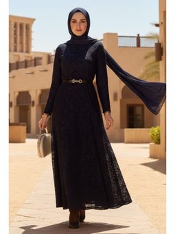 Dantel İçi Astarlı Kemerli Lacivert Elbise