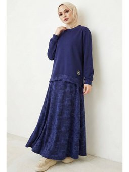 Desenli Tunik Etek İkili Lacivert Takım