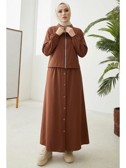 Fermuarlı Tunik Etek İkili Kahve Takım