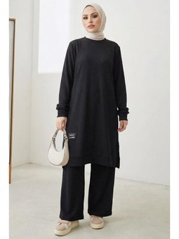 Fitilli Arma Detay Tunik Pantolon İkili Siyah Takım