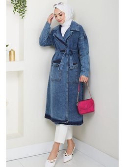 Mavi Zeyal Kuşaklı Kot Trenç