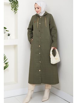 Zincir Detay Düğmeli Kapitone Haki Kap