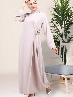 Bej Arduva Kruvaze Kapama Yapışkan Taş Detaylı Elbise