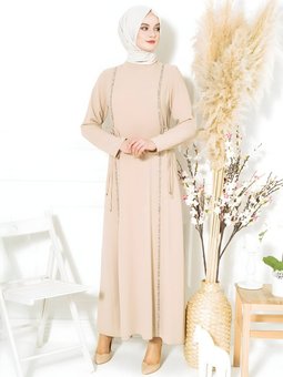 Bej Aydan Taş Şeritli Abiye Elbise