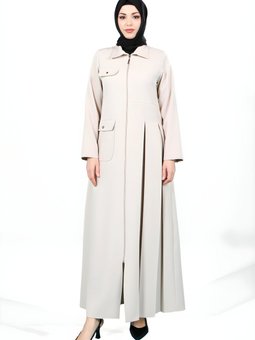 Bej Fermuarlı Yandan Pileli Cep Detaylı Ferace