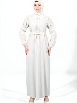 Bej Keten Volan Kol Seyyar Kemerli Elbise