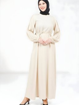 Bej Örgülü Kol Detaylı Elbise