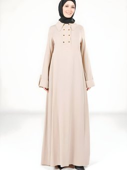 Bej Yakalı Düğme Detaylı Elbise