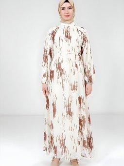 Beyaz Kahverengi Baskılı Şifon Elbise