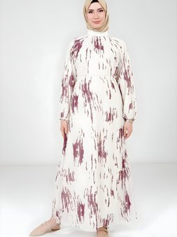 Beyaz Mürdüm Baskılı Elbise