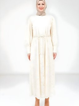 Ekru Dantel Detaylı Abiye Elbise
