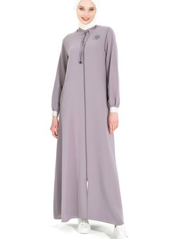 Gri Banu Taş İşlemeli Broş Detaylı Ferace