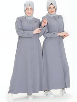 Gri Boncuk İşlemeli Nervür Detaylı Ferace