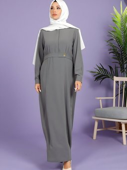 Gri Dolunay Kloş Kesim Beli Kemerli Elbise