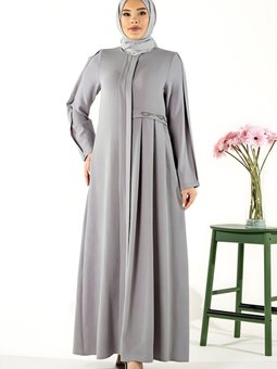 Gri Emet Pili Detaylı Aksesuarlı Ferace