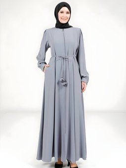 Gri Fermuarlı Bağlama Detaylı Ferace