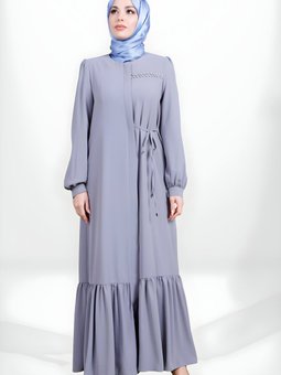 Gri Fermuarlı Eteği Büzgülü Bağlama Detaylı Ferace