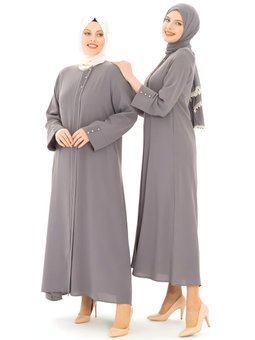 Gri Kalın Manşetli Nervür Taş Detaylı Ferace