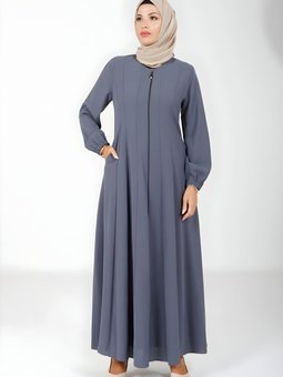 Gri Kloş Kesim Fermuarlı Biye Detaylı Ferace