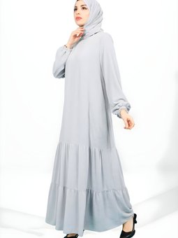 Gri Kolu Lastikli Eteği Fırfırlı Elbise