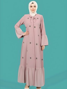 Gri Şifon Detaylı Pembe Taşlı Yakası Bağlamalı Ferace