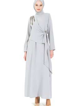 Gri Sonay Omuzdan Taş Detaylı Abiye Elbise