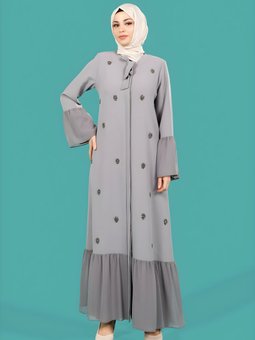 Gri Taşlı Şifon Detaylı Yakası Bağlamalı Ferace