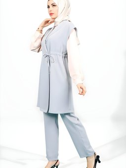 Gri Üçlü Beli Ayarlanabilir Yelekli Takım