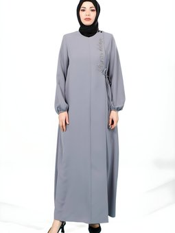 Gri Yandan Bağlamalı Nakış Detaylı Ferace