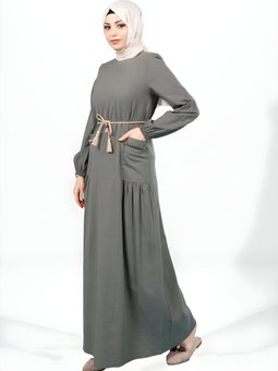 Haki Bisiklet Yaka Seyyar İp Kemerli Cebi Taşlı Elbise