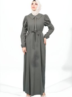 Haki Keten Volan Kol Seyyar Kemerli Elbise