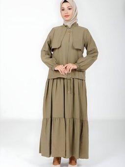 Haki Kolu Lastikli Fermuarlı Ceket Elbise