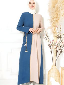 İndigo Bloklu Hasır Kuşaklı Elbise