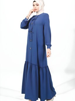 İndigo Çiçek Detaylı Eteği Büzgülü Önden Fiyonk Elbise