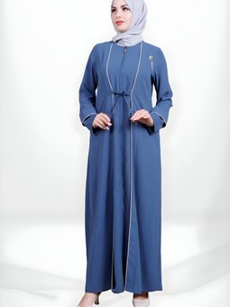 İndigo Fermuarlı Önden Bağlamalı Biye Detaylı Ferace