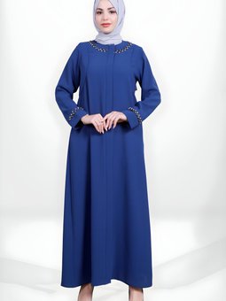 İndigo Fermuarlı Yaka Kol İşlemeli Ferace