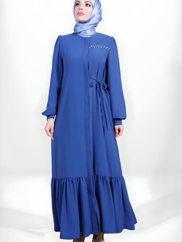 İndigo Fermuarlı Yandan Bağlama Detaylı Eteği Büzgülü Ferace