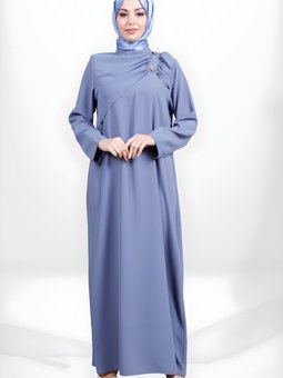 İndigo Fırfırlı Broş Detaylı Abiye Elbise