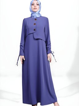 İndigo Kolu Büzgülü Düğme Detaylı Elbise