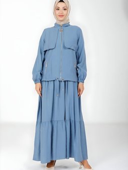 İndigo Kolu Lastikli Fermuarlı Ceket Elbise
