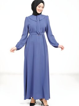 İndigo Kurdele Yakalı Kuşak Detaylı Elbise