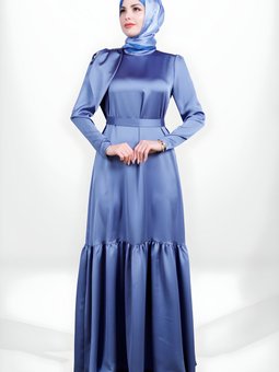 İndigo Saten Kuşaklı Omuz Detaylı Abiye Elbise